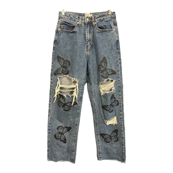 + Princess Polly High Waist Distressed Butterfly Straight Leg Jeans Size 6 PA1 - Picture 1 of 5